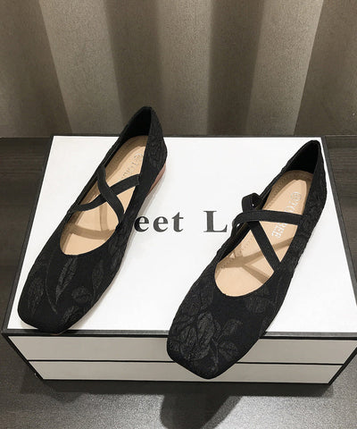 Apricot Embroidered Cross Strap Splicing Flat Shoes For Women