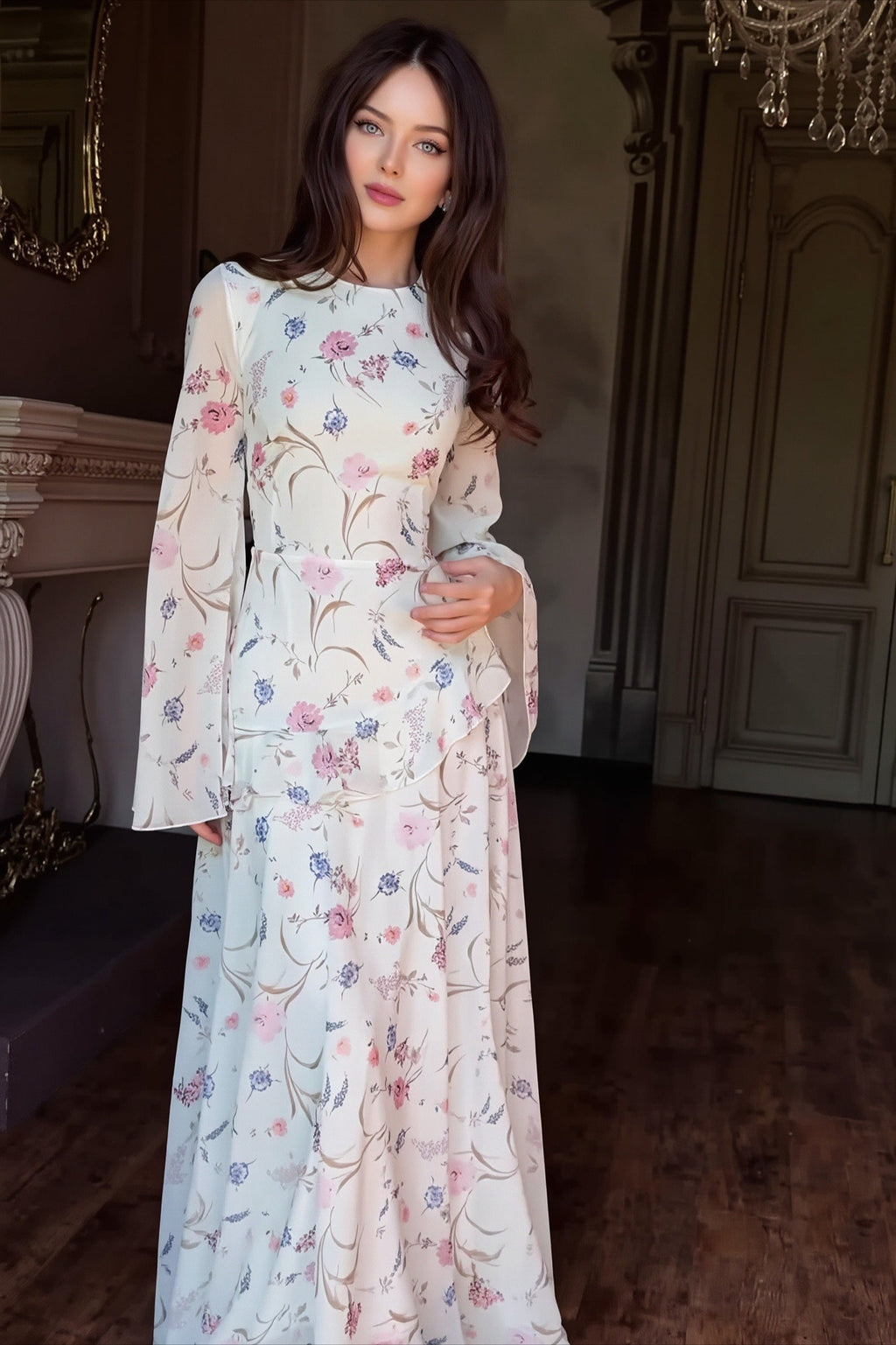 Floral Round Neck Long Sleeve Tie Maxi Dress