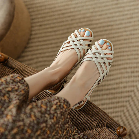 Elegante Retro Damen Flache Sandalen 2024 Trend Sommer Casual Damen Schuhe Hochwertige PU Leder Slip On Sandalen Hausschuhe 