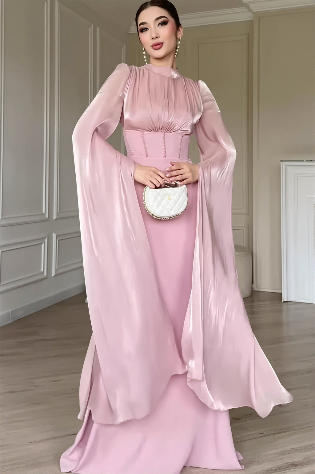 Glossy Flowy Sleeve Slim Maxi Dress