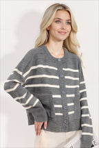 Crew Neck Striped Button Pocket Knit Cardigan