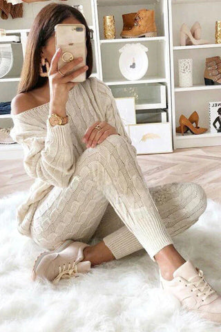 Set aus Zopfmusterpullover und Slim-Fit-Hose mit hohem Tragekomfort 