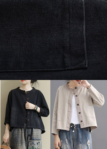 Boho Schwarzer lässiger Jeansmantel mit Knopfstickerei 