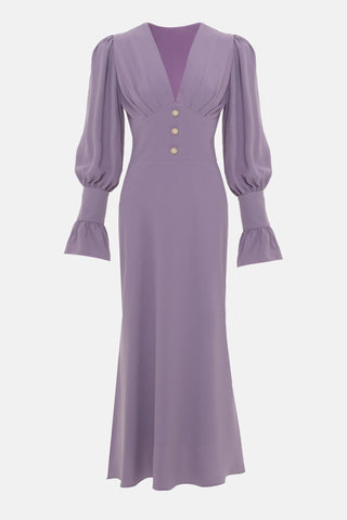 Solid V-Neck Lantern Sleeve Midi Dress