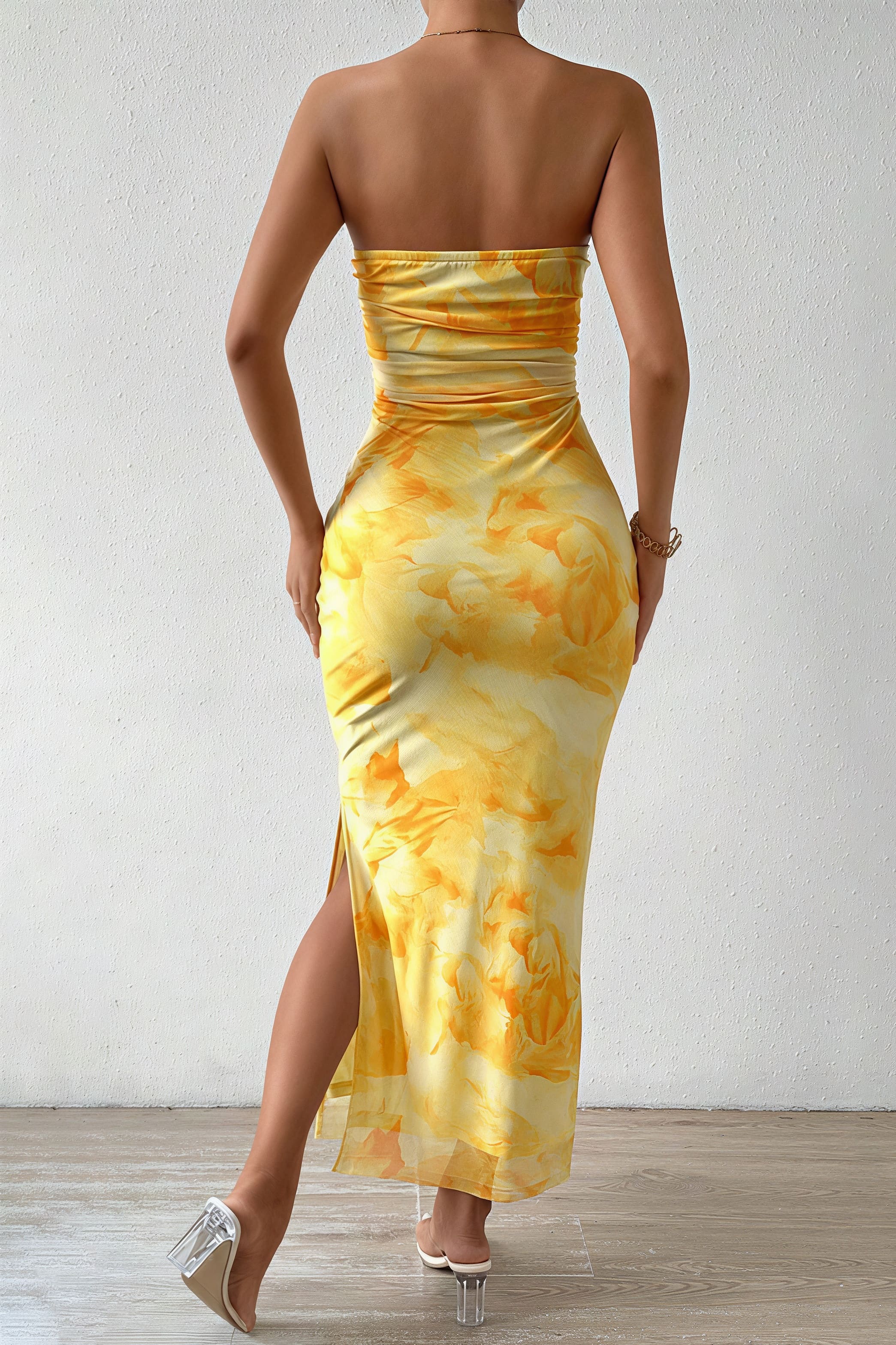 Slim Mesh Print Slit Maxi Dress