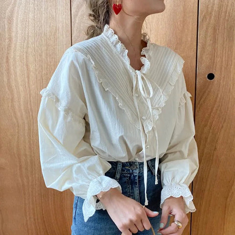 Lace Hollow-Out Long Sleeve Blouse