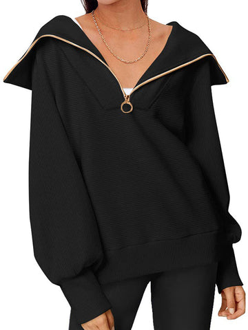 Long Sleeves Loose Solid Color Zipper Lapel Sweatshirt Tops
