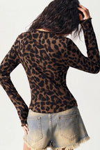 Leopard Print V Neck Button Knit Blouse
