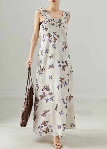 Französisches weißes Rüschenkleid aus geblümter Baumwolle mit Knöchellänge, Sommer 