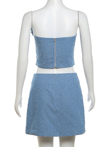 TARUXY Denim-Kleid-Sets für Damen, schulterfrei, schmale Crop-Tops, Spleißblume, Femme, sexy, rückenfrei, Tank-Top, Rock, 2-teilig 