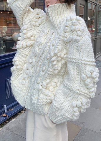 Jacquard Beige Reißverschluss Gemütliche Baumwollstrickmäntel Frühling 