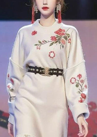 Chinesischen Stil Apricot Print Schärpen Baumwolle Stricken Lange Pullover Kleid Winter 