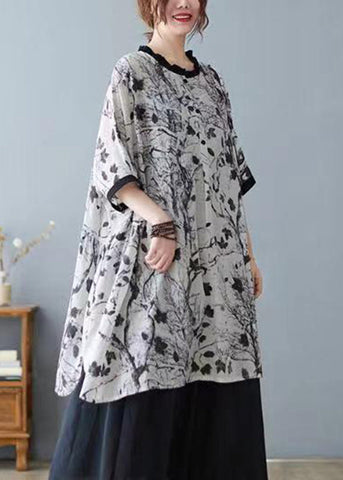 Plus Size Graues Patchwork-Oberteil mit Rüschen und kurzen Ärmeln 