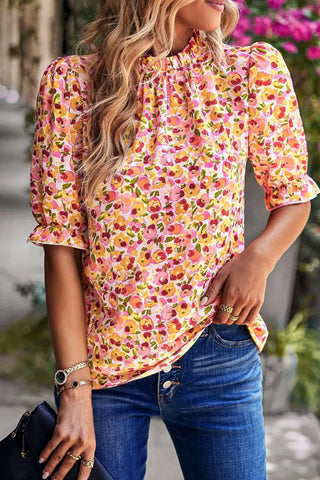 boho floral ruffle mock neck blouse yellow