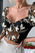 Sheer Butterfly Embroidery Mesh Panel Backless Cami Blouse