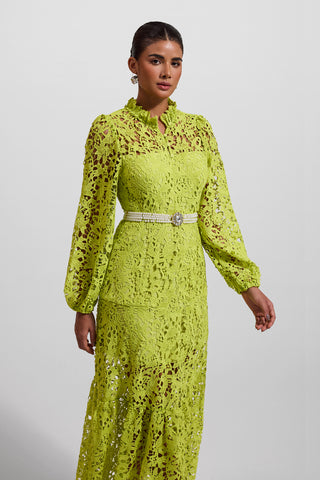 Vestido midi de manga larga con bordado de encaje verde 