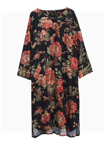 Vestido elegante con estampado floral rojo, cuello redondo, hebilla de placa inclinada, manga larga 