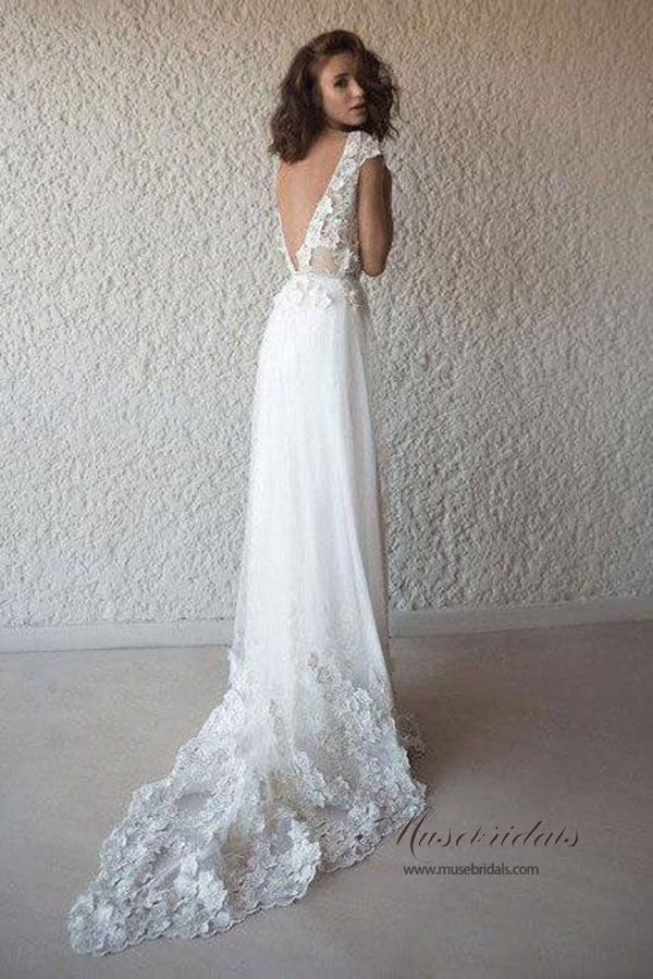 Ivory See-through Cap Sleeves Boho Wedding Dresses, Beach Wedding Dress