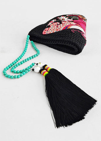 Gorro Bonnie de punto con borlas y cuentas florales con bordado negro retro 