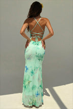 Floral Print Backless Mermaid Hem Cami Vacation Maxi Dress