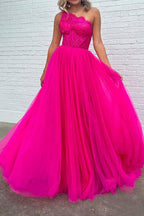 A-Linien-Abendkleid in Fuchsia mit One-Shoulder-Schulter und Korsett-Design sowie Schlitz vorne