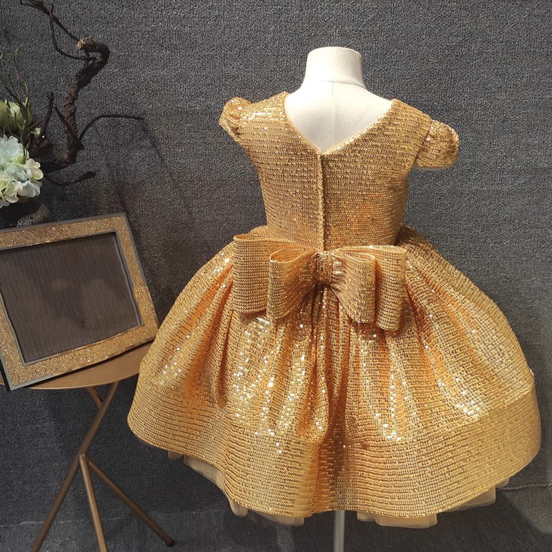 Elegante vestido de lentejuelas doradas para niña, vestido de princesa de primera comunión para niña pequeña 