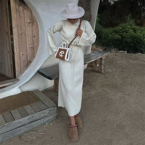 Vestido tipo suéter de manga larga, cintura alta, con cordones, para otoño e invierno, color liso, informal, tejido básico, largo 