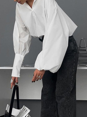 Loose Puff Sleeves Asymmetric Solid Color Split-Joint Lapel Blouses&Shirts Tops