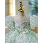 Ballkleid für Kleinkinder, Mädchen, Festkleid, Prinzessin, Grün, Pailletten, Puffärmel, Kommunionskleid 