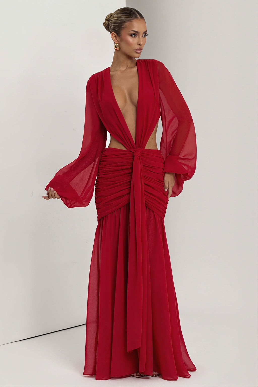 Chiffon Sheer Long Sleeve Cutout Maxi Dress