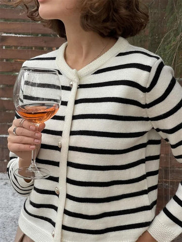 Suéter de punto a rayas con cuello redondo para mujer, cárdigan holgado de manga larga, ajustado, con parches en contraste, prendas de vestir exteriores de verano 