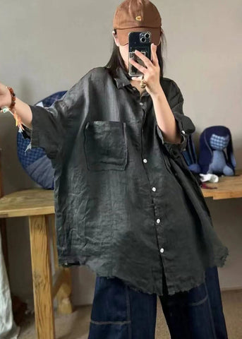 Plus Size Damen Grünes Peter Pan Kragen Leinenhemd Tops Halbarm 