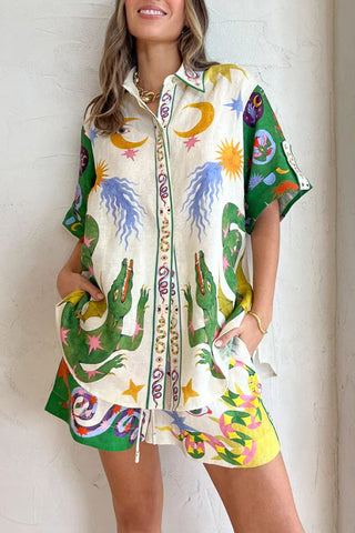 Conjunto de blusa con estampado único de mezcla de lino Days of Heaven y pantalones cortos con bolsillos y cintura elástica 