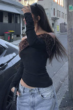 Sexy Asymmetric Fuzzy Off Shoulder Long Sleeve Tee