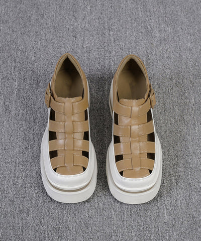 Fitted Khaki Hollow Out Buckle Strap Chunky Sandals