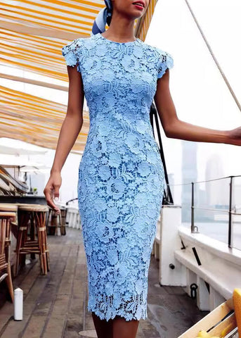 Fashion Blue O-Neck Floral Lace Maxi Dresses Sleeveless