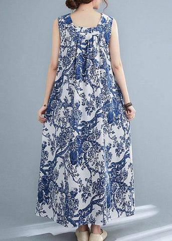 DIY Blue Loose Print V Neck Summer Vacation Dress Sleeveless