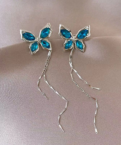 Skinny Blue Copper Zircon Butterfly Tassel Drop Earrings
