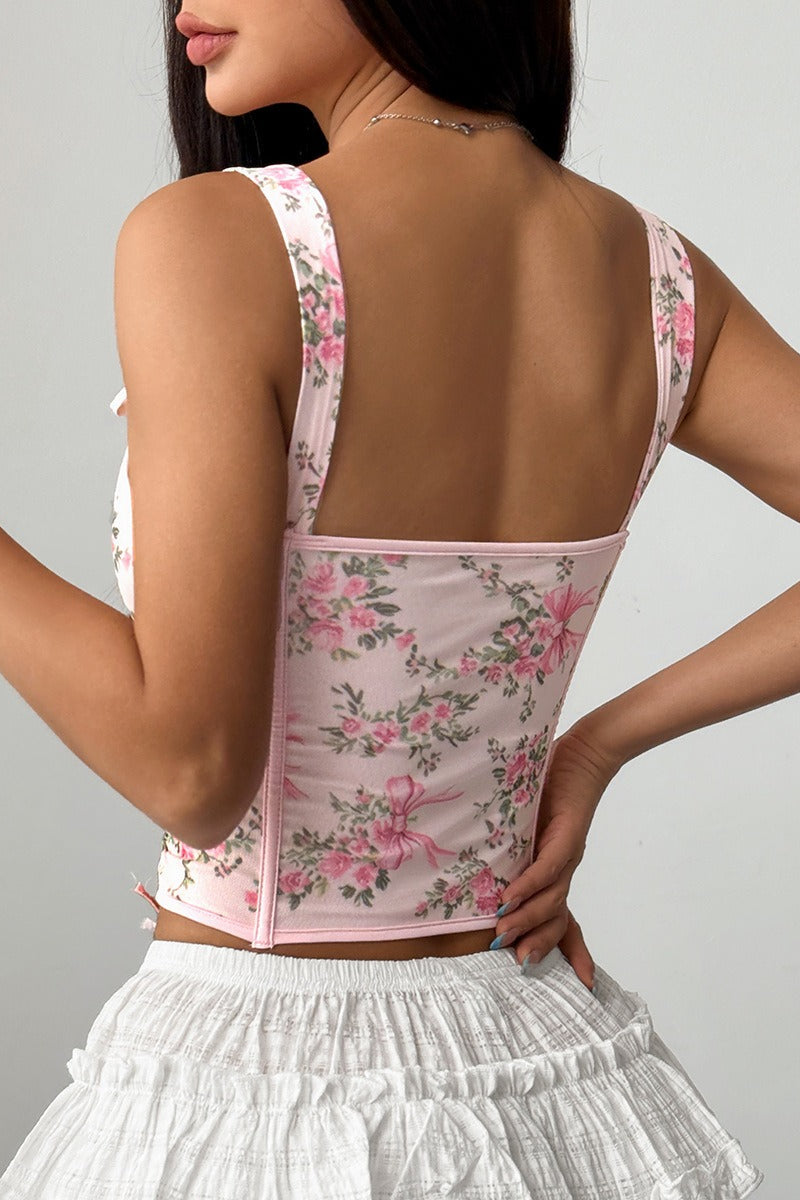 Garden Floral Print Bone Tie Bow Cami Top