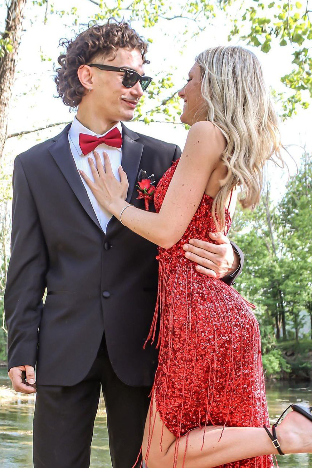 Mermaid Spaghetti Straps Red Sequins Long Prom Dress with Split Front