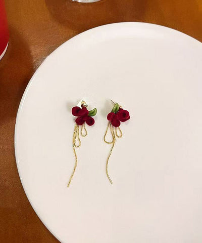 Pendientes colgantes con borlas de flores de gardenia, hechos a mano, de terciopelo de seda y aleación de morera 