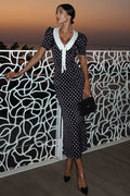 Retro Lapel Slim Polka Dot Maxi Dress