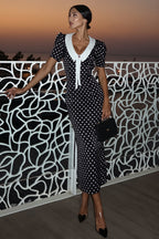 Retro Lapel Slim Polka Dot Maxi Dress