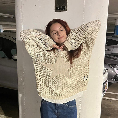 TARUXY Hollow Out Oversized Sweater Women 2024 New Solid Star Solid See Through Knitted Pullover Womens Knitwear Cover-up Ladies