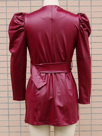 Mini Dresses Burgundy Long Sleeves Sash PU Leather Short Dress