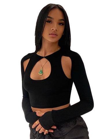 2024 Summer Long Sleeve Cropped Corset Women Top Sexy Aesthetic Club O Neck Fairy Grunge Black Women's T-Shirt