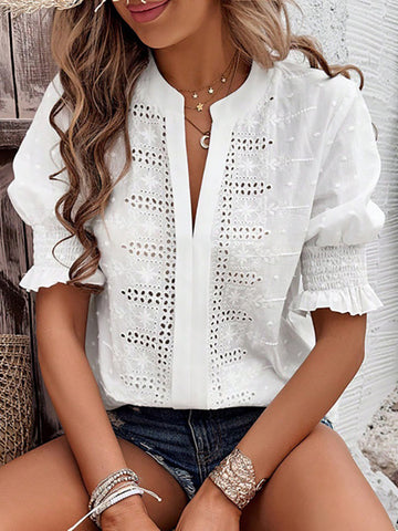 Half Sleeves Loose Elasticity Embroidered Hollow Solid Color V-Neck Blouses&Shirts Tops