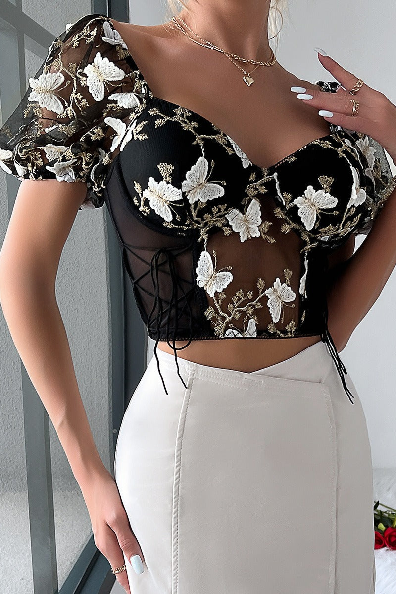 Sheer Butterfly Embroidery Mesh Panel Backless Cami Blouse