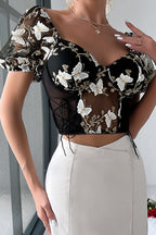 Sheer Butterfly Embroidery Mesh Panel Backless Cami Blouse