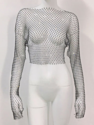 TARUXY Rinestone Crystal Sparkly Tops Cover-Up For Women Sexy Hollow Out Diamonds Long-Sleeve Pullover Crop Tops Club Outfits